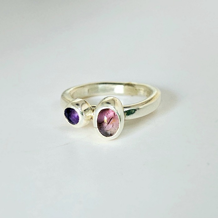 Pink Tourmaline, Amethyst & Sterling Silver Ring - Image 2
