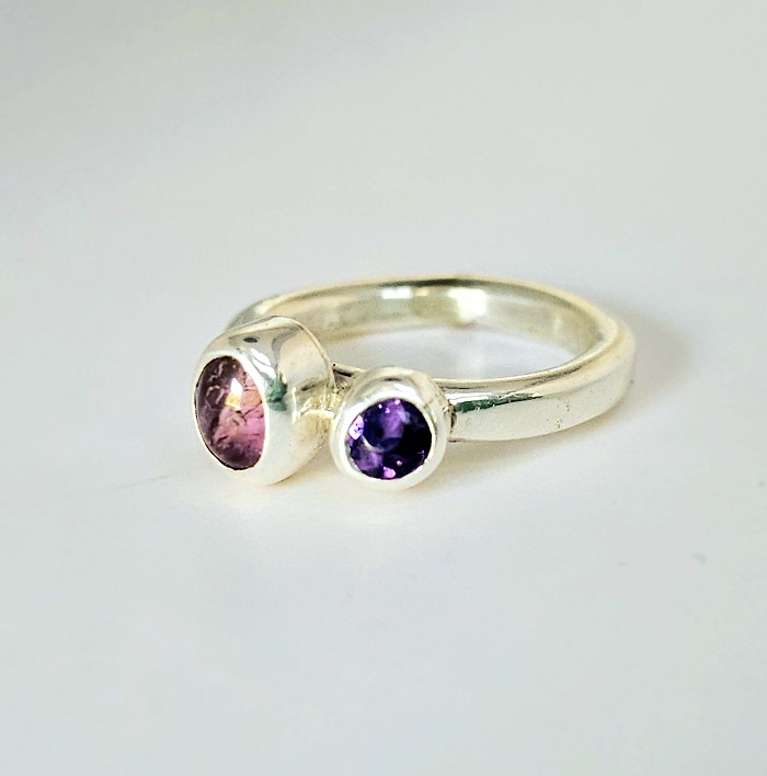 Pink Tourmaline, Amethyst & Sterling Silver Ring