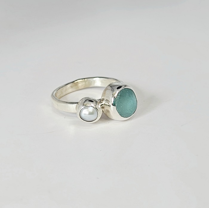 Seaglass & Pearl Sterling Silver Ring - Image 2